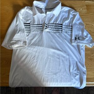 LG White Men's Polo with Black Horizontal Stripe Accents